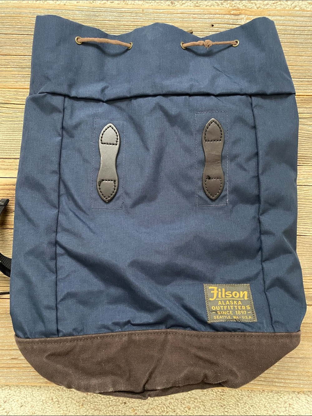 Filson Alaska Outfitters Blue/Brown Drawstring Backpack.